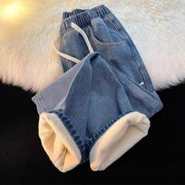 Fleece Lined Straight Leg Womens Jeans Winter Wide Leg Elastic Waist Cotton Trousers S