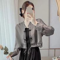 Summer Silk-like Lightweight Short Jacket Chiffon Sun-Protective Blouse Women's Fashionable Retro Buttoned Long Sleeve Top with Design Sense S