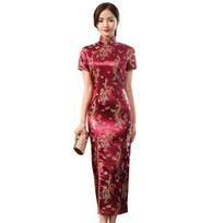 Su marginta Cheongsam iki blauzdos ilgio juosmens aptempta prigludusi moteriška drakono fenikso modelio elegantiška suskirstyta suknelė M vyno raudonos spalvos