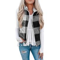 Women Fleece Vest Zip Up Sleeveless Jacket with Pockets Plaid Pattern Soft Warm Outerwear for Casual Wear M