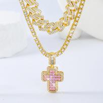Pink Rhinestone Cross Pendant Cuban Link Tennis Chain Set - Street Style Hip Hop Accessories