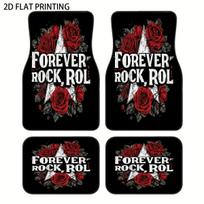 4pcs Heavy Metal Rock Style Car Floor Mats With Forever Ro Logo & Iconic Rose Design - Heavy-Duty All-Weather Black/Red Fit For 4pc