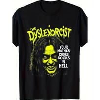 Men'S Black Short-Sleeve T-Shirt Featuring a Yellow Devil Face And The Print 'Dyslexia Exorcist: Your Mom Cooks Socks in Hell' - a Spooky Gothic S juoda