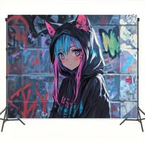 2D Aesthetic Anime Cat Girl Backdrop Graffiti Brick Wall Banner 47.2x31.5inch/120*80cm