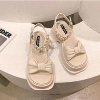 Summer 2025 Women's Shoes Black Block Heel Pearl One Word Footwear Beach Sandals for Woman Bow Korea F Luxury Designer on Offer 35