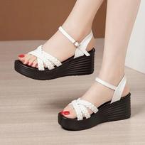 7cm Small Size 33-43 All Match Comfortable Med Heels Wedges Sandals 2025 Summer Women's Knit Platform Shoes for Office Mom Beach 33