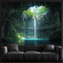 2D Magical Cave Waterfall Tapestry Tropical Cenote Lagoon with Hanging Vines Wall Art 47.2x31.5inch/120*80cm