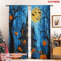 2pcs 2D flat printing Happy Christmas Scene Curtains Orange-black pumpkin bat Digital Printed Polyester Drapes Family Party 60×150cm(23.6×59in)