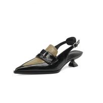 Cow Leather Pointed Toe Slingback Thick Med Heels Autumn Summer Buckle Straps Shoes Mixed Color Women Shallow Sandals 34