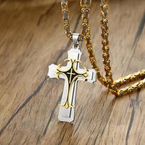 Rock Cross Necklace for Men,Gold Color Stainless Steel Stylish Byzantine Chain,Catholic Crucifix Pendant Collar Jewelry 55cm