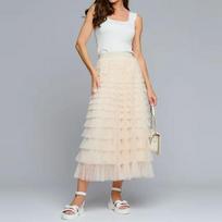 Elastic Waist Mesh Long Skirts for Women Elegant Vintage High Waist Ball Gown Gauze Cake Skirt Female Clothes one size abrikosas