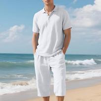 Summer men's loose casual linen breathable shirt short beach sleeve cropped pants set S