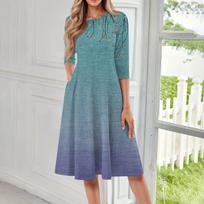 Women's Casual Fashion Round Neck Three Quarter Sleeve Print Midi Dress L