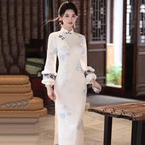 White fleece national style Suzhou long-sleeved improved cheongsam winter thick women's new Chinese style new retro autumn and winter S