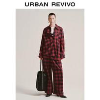 UR2025 Women's Color Block Plaid Elastic Waist Wide-Leg Pants S
