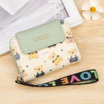 Women RFID Blocking Wallet Cute Bear Print Credit Card Holder Multi Card Organizer Zipper Coin Purse Short Wallet with Wrist Strap