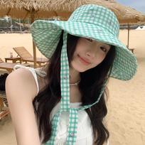 Fashion Lace-up Bucket Hat Wide-edged Lightweight Sunscreen Hat Double-sided Plaid Contrasting Color Fisherman Hat Women