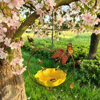 Wide-Mouth Heart Shape Bird Feeder Iron Art Bee Watering Station Retro Bird Bath  Backyard Use Yellow Butterfly
