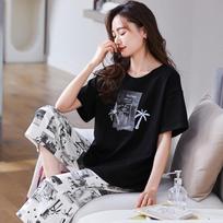 Aifen Teng Women's Summer Cotton Pajama Set: Short Sleeve Top & Three-Quarter Pants, Plus Size, All Cotton XL (120-140 lbs)