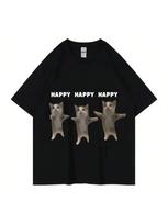 Cat Print T-Shirt For Women Happy Dancing Cat Print Short Sleeve Shirt Casual Cotton Fashion Plus Size Graphic T Shirts S