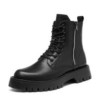 Men's British-Style Chelsea Martin Boots - Trendy Korean Motorcycle Work Leather Shoes with Velvet Lining and Height-Enhancing Mid-High Tops. 41 juoda