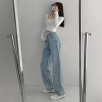 Women's High-Waist Irregular Drape Wide-Leg Straight Jeans with Slanted Buckle Medium