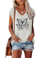 Women Fashion V Neck Printed T-shirt Summer Casual Short Sleeve Top S