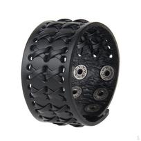 Charm Alloy Mens Wide Soft PU Leather Belt Bracelet Cuff Wristband Black