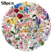 50pcs Vibrant Flower Stickers Assorted Floral Decal Reusable Vinyl Stickers Suitable for DIY Phone Cases Suitcases and Notebooks