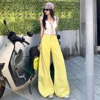 Womens High Waist Yellow Cargo Wide Leg Jeans Casual Loose Flare Denim Trousers Streetwear S
