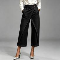 Women’s Casual Straight Leg Wide Leg Trousers High Waist Overlap Front Design Loose Fit Denim Style Pants for Daily Wear L