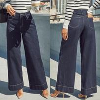 Women's Classic Blue High Rise Wide Leg Jeans - Stretch Jeans with Button Fly, Soft and Comfortable, Slim Fit Vintage Wash Jeans S