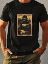 Unisex's Casual Cotton T-Shirt with Mona Lisa Print, Crew Neck, Short Sleeve, Knit Fabric L