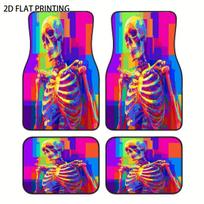 4pcs Neon Glow-in-the-Dark Skeleton & 8-Bit Car Floor Mats - Fit For Driver/Passenger/Rear Seats, All-Weather Durable -Like Vehi