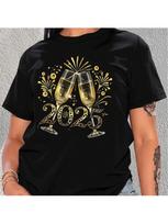 New Year'S Eve Toasting Champagne Flares & Balloon Print Wounisex'S Casual Fashion T-Shirt, Crew Neck, Short Sleeve, Knit Fabric Wi S