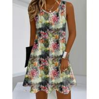 New Women's Sleeveless Dress, Vibrant Digital Print, Breathable, Slim Fit Flared Hem, Vacation Essential S