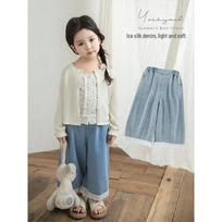 Youyou Girls' Lace-Trim Loose Wide-Leg Denim Pants 100 cm