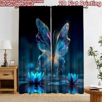 2D flat printing 2pcs Curtain Curtain Glowing Blue Butterfly Digital Printed Polyester Drapes All Season Party & Holiday Decor 60×150cm(23.6×59in)