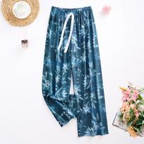 Women's Floral Print Wide Leg Pants, Elastic Waist Cotton Silk Loungewear Trousers (One Size) One Size