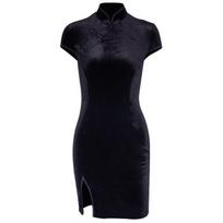 Senovinė aksominė Cheongsam suknelė, stovi apykakle, madinga juoda aksominė suknelė, moteriška tradicinė kinų apranga Qipao Harajuku Vestido L juoda