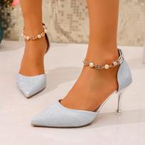 Temperament Hollow Single Shoes Women Spring and Summer New Pointed Toe Shallow Mouth Pearl Metal Chain One-buckle High Heels 35
