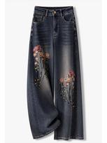 Women's Retro Floral Embroidered Wide-Leg Jeans - 2026 Spring/Summer Collection S/26 (Recommended for 85-95 jin)