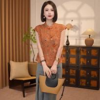 Womens Multicolor Qipao Blouse Casual Mandarin Collar Frog Button Traditional Pattern Cap Sleeve Top M oranžinė