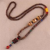 Women Men Vintage Handmade Statement Party Mala Wood Bead Nepal  Feather Pattern Buddhist