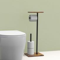 Movable Toilet Paper Floor Stand Natural Finish Wood Bathroom Storage Solution with Decorative Top Platform