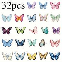 32 Pcs/Box Vibrant Butterfly Stickers - Waterproof PET Adhesive for Laptops Scrapbooks Transparent Colorful Decorative Stickers