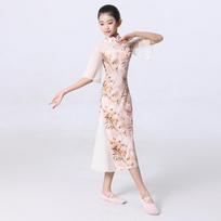 Elastic Classical Dance  Performance Costume Women's National Style Long Qipao High Slit Short Sleeve Floral Pattern 140