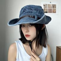 Luochi Knitting Japanese Style Denim Blue Wide Brim Fisherman Hat - Women's Versatile Retro Washed Summer Outdoor Hat