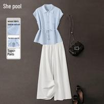 Women's Elegant Sleeveless Shirt & Wide-Leg Pants Set M