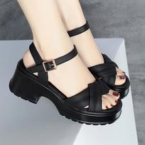 5cm All Match Comfortable Thick Bottom Med Block Heels Shoes Platform Sandals 2025 Summer Women's Leather Sandals Office Girls 35